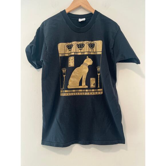 Vintage Fruit of the Loom Cotton T-Shirt Egyptian Cat Print Black Gold Large JL - Picture 1 of 5